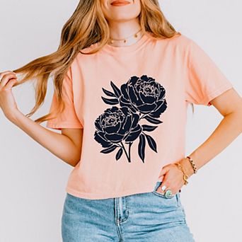 Navy Roses - Women's Boxy Crop Top Graphic T-Shirt