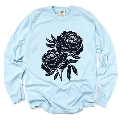 Navy Roses - Women's Garment Dyed Long Sleeve Graphic T-Shirt