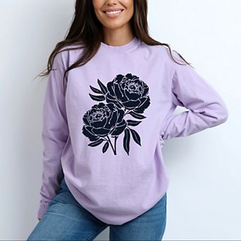Navy Roses - Women's Garment Dyed Long Sleeve Graphic T-Shirt