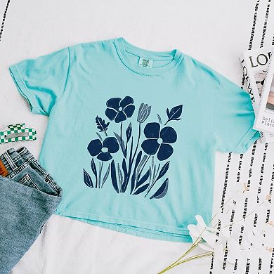 Navy Daisies - Women's Boxy Crop Top Graphic T-Shirt