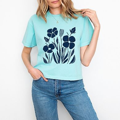 Navy Daisies - Women's Boxy Crop Top Graphic T-Shirt