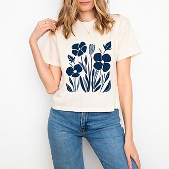 Navy Daisies - Women's Boxy Crop Top Graphic T-Shirt