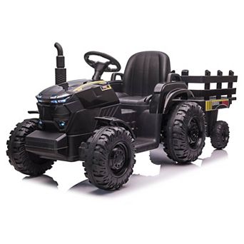 12V Kids Ride-On Tractor with Trailer, Electric Tractor with Dual Motors, LED Lights for Ages 3-6