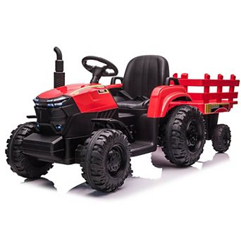 12V Kids Ride-On Tractor with Trailer, Electric Tractor with Dual Motors, LED Lights for Ages 3-6