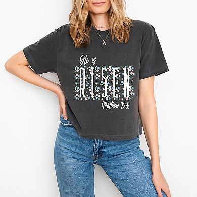 He Is Risen Floral - Women's Boxy Crop Top Graphic T-Shirt