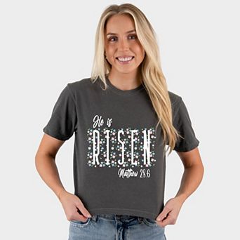He Is Risen Floral - Women's Boxy Crop Top Graphic T-Shirt
