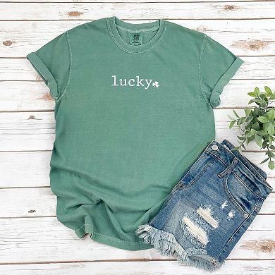 Lucky Typewriter Clover Puff Print - Women's Garment Dyed Graphic T-Shirt