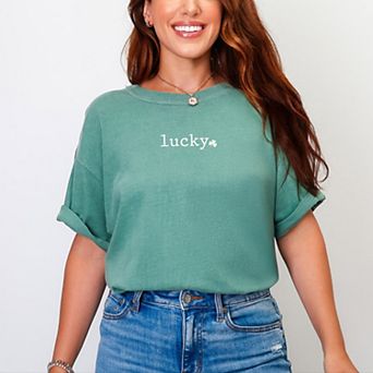 Lucky Typewriter Clover Puff Print - Women's Garment Dyed Graphic T-Shirt