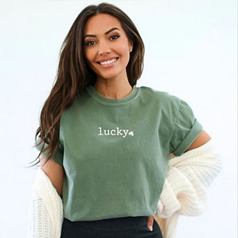 Lucky Typewriter Clover Puff Print - Women's Garment Dyed Graphic T-Shirt