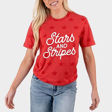 Stars and Stripes Slanted Cursive Puff Print - Women's Short Sleeve Star Tee