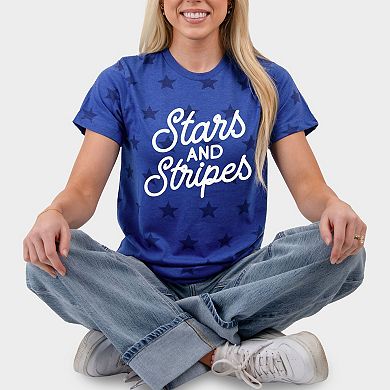 Stars and Stripes Slanted Cursive Puff Print - Women's Short Sleeve Star Tee