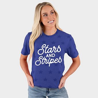 Stars and Stripes Slanted Cursive Puff Print - Women's Short Sleeve Star Tee