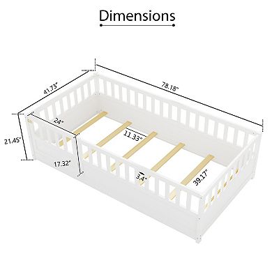 Merax Pine French Floor Bed with Fence