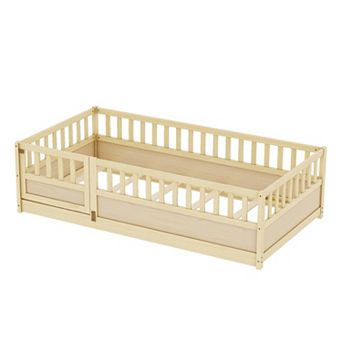 Merax Pine French Floor Bed with Fence