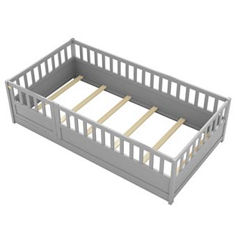 Merax Pine French Floor Bed with Fence
