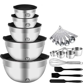 Great Ambitions 25 pc Stainless Steel Mixing Bowl Set with Lids,Measuring Cups & Spoons,7-1.5QT