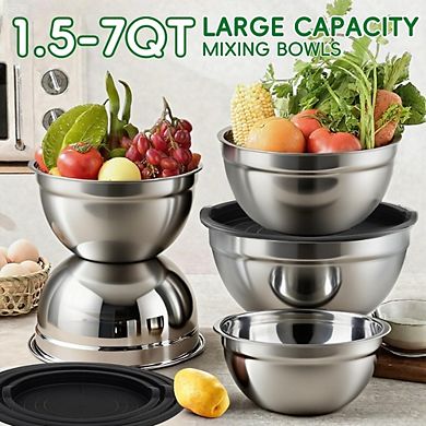 Great Ambitions 25-Piece Stainless Steel Mixing Bowl Set with Lids,Measuring Cups & Spoons,7-1.5QT