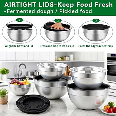 Great Ambitions 25-Piece Stainless Steel Mixing Bowl Set with Lids,Measuring Cups & Spoons,7-1.5QT