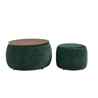 Merax Pleated Fabric Storage Ottoman Eucalyptus Wood Frame No Assembly Accent Stool