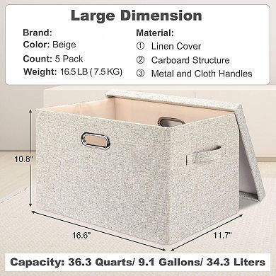 Sturdy Foldable Storage Bins with Lids, Stackable, 5 Pack, 17x12x11