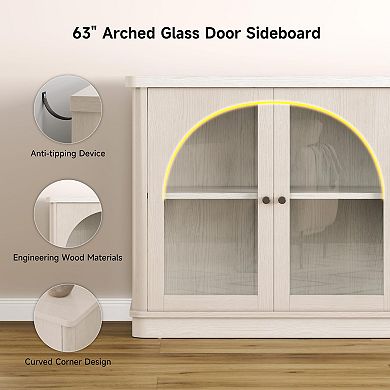 Arched Glass Door Sideboard with Adjustable Shelves for Dining Area