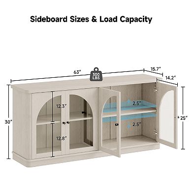 Arched Glass Door Sideboard with Adjustable Shelves for Dining Area