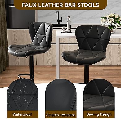 Set Of 2 Adjustable Height Swivel Bar Stools - Faux Leather Upholstery - Ergonomic Design