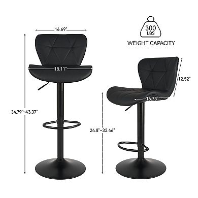 Set Of 2 Adjustable Height Swivel Bar Stools - Faux Leather Upholstery - Ergonomic Design