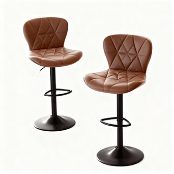Set Of 2 Adjustable Height Swivel Bar Stools - Faux Leather Upholstery - Ergonomic Design