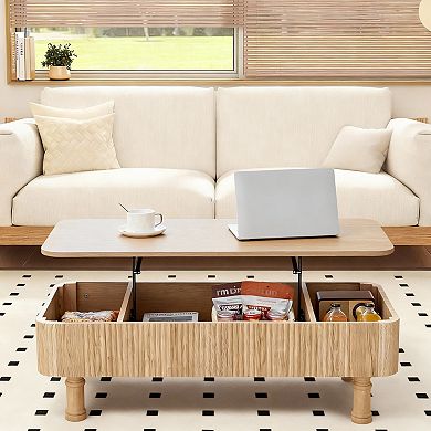 Mid-Century Modern Fluted Coffee Table with Lift Top & Storage