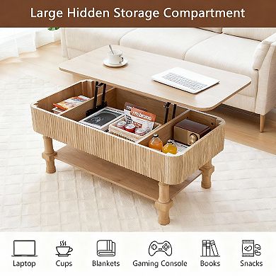 Mid-Century Modern Fluted Coffee Table with Lift Top & Storage