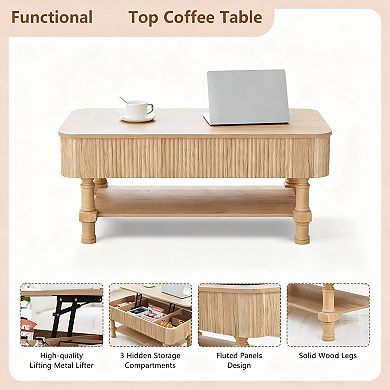 Mid-Century Modern Fluted Coffee Table with Lift Top & Storage