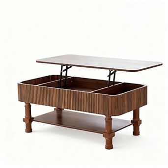 Mid-Century Modern Fluted Coffee Table with Lift Top & Storage