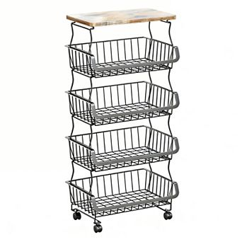 Five-layer stackable metal mesh fruit and vegetable basket with wooden top and lockable wheels