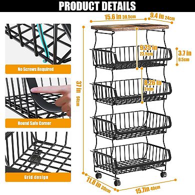 Five-layer stackable metal mesh fruit and vegetable basket with wooden top and lockable wheels