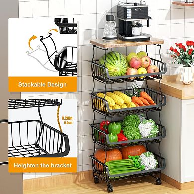 Five-layer stackable metal mesh fruit and vegetable basket with wooden top and lockable wheels
