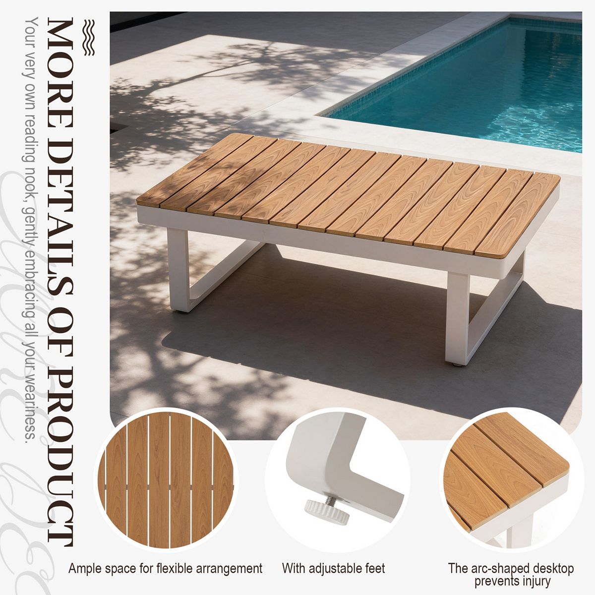 Table with wooden slatted top and adjustable feet