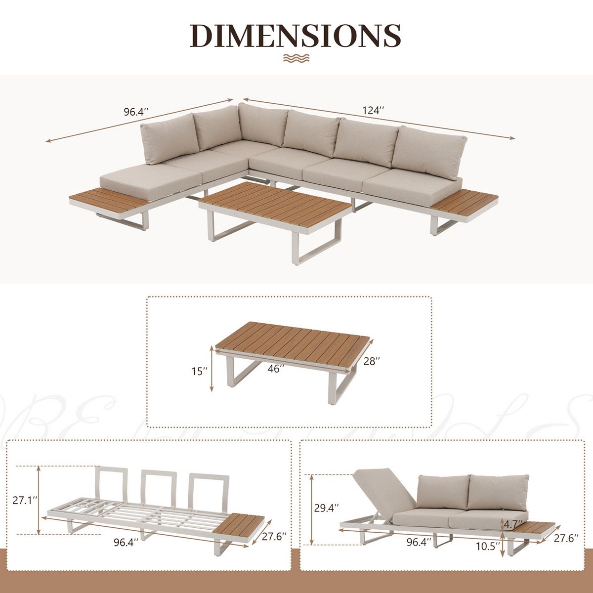 Dimensions diagram of outdoor sofa set with dimensions labeled 124 inches and 96.4 inches
