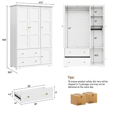 3-Door Wardrobe with Pull-Out Rack: 2 Drawers, 5 Compartments, Hanging Space