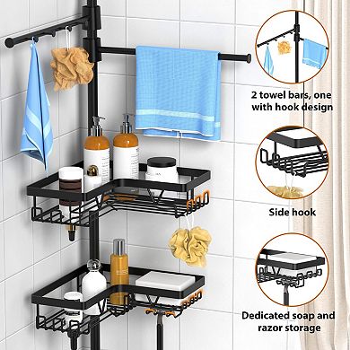 Adjustable Shower Corner Rack with Dual Towel Bars & Hooks