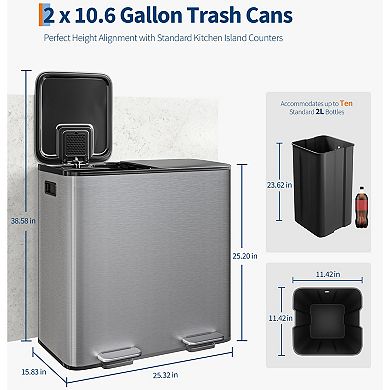 21.2Gal Dual Compartment Stainless Steel Kitchen Step-On Trash Can Garbage Recycling Bin Soft-Close