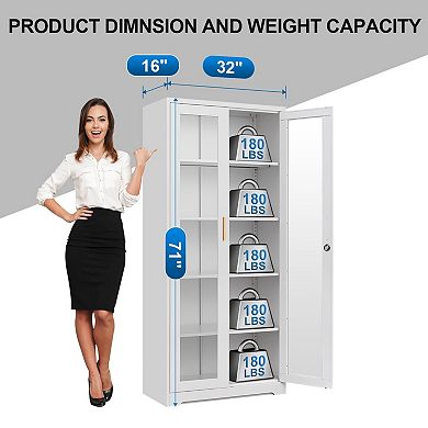 Tempered Glass Curio Cabinet, Thick Metal, Adjustable Shelves, Safety Lock