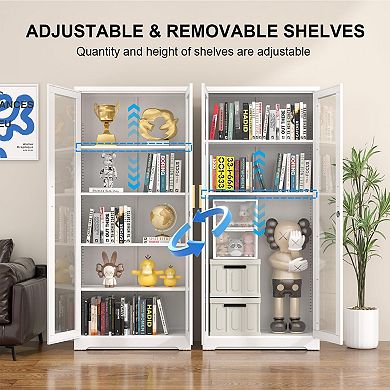 Tempered Glass Curio Cabinet, Thick Metal, Adjustable Shelves, Safety Lock