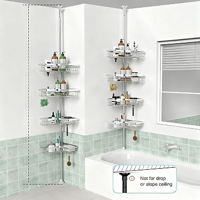 Adjustable Height Shower Organizer, No Drilling, 4 Baskets, Rust-Proof Steel