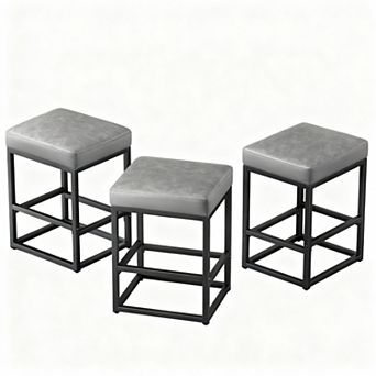 Set Of 3 Counter Height Bar Stools, 24" Seat, Faux Leather, Square Cushions, Easy Assembly