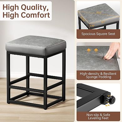 Set Of 3 Counter Height Bar Stools, 24" Seat, Faux Leather, Square Cushions, Easy Assembly