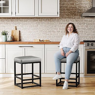 Set Of 3 Counter Height Bar Stools, 24" Seat, Faux Leather, Square Cushions, Easy Assembly