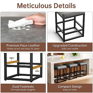 Set Of 3 Counter Height Bar Stools, 24" Seat, Faux Leather, Square Cushions, Easy Assembly
