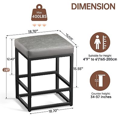 Set Of 3 Counter Height Bar Stools, 24" Seat, Faux Leather, Square Cushions, Easy Assembly