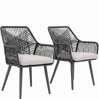 SUNSITT Outdoor Dining Chairs Set of 2, 2 pc Woven Rope Patio Chairs w/ Armrest, Seat Cushions